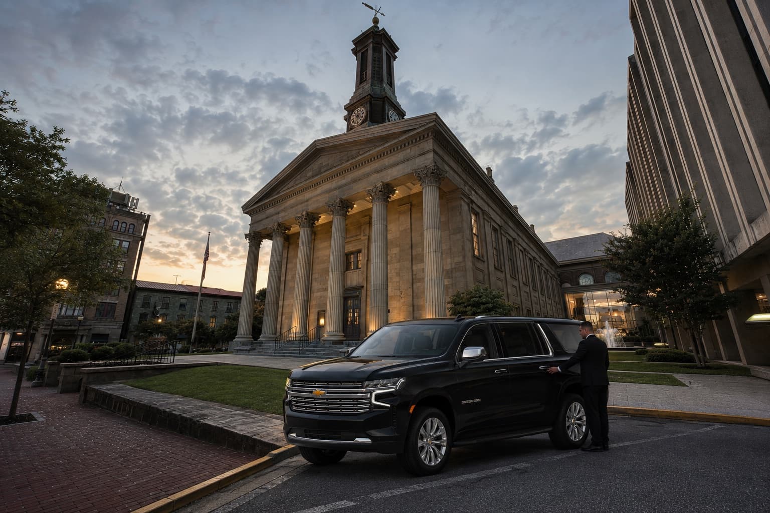 Black Chevrolet Suburban arriving for chauffeur service in downtown West Chester
